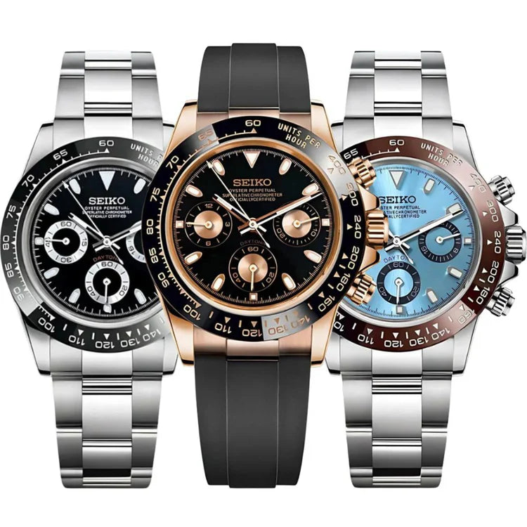 Seiko mod watch collection featuring custom chronograph designs in various styles and finishes.