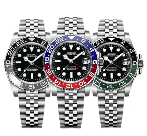Custom Seiko GMT watches with rotating 24-hour bezels, dual-time zones, luminous hands, and automatic movements for precise timekeeping.
