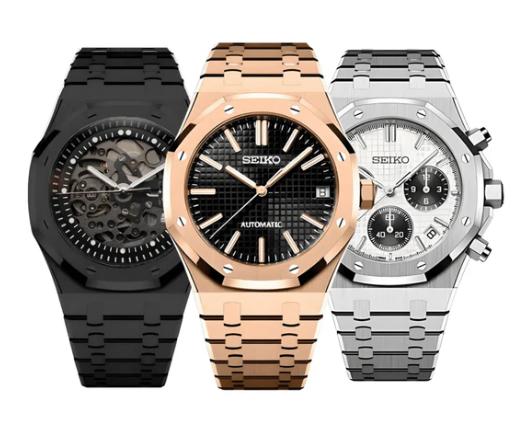 Seiko Mod collection featuring custom-modified Seiko watches with octagonal stainless steel bezels, textured ‘tapisserie’ style dials, integrated bracelet designs, and precise automatic movements.