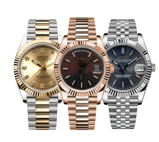 Custom Seiko watches with designs featuring fluted bezels, day and date windows, elegant dials, and reliable automatic movements.