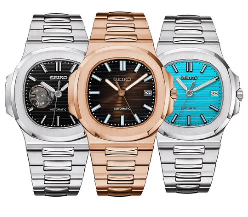 Custom Seiko watches with designs featuring rounded octagonal bezels, textured dials, integrated stainless steel bracelets, and precise automatic movements.