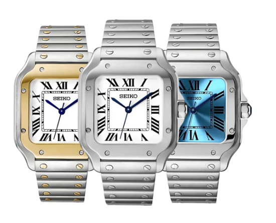 Custom Seiko watches with square bezels, visible screws, integrated stainless steel bracelets, and precise automatic movements.