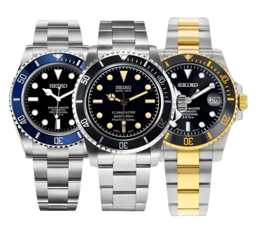 Custom Seiko dive watches with rotating bezels, luminous hands and markers, stainless steel cases, and automatic movements for reliable performance.