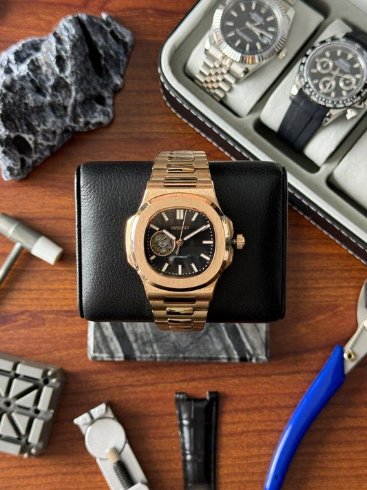 Nautilus "Rose Gold & Black Dial Open Heart" Custom Mod
