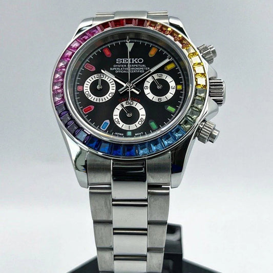 "Front view of Seiko Mod Rainbow Daytona with multi-colored sapphire bezel and custom chronograph dial."
